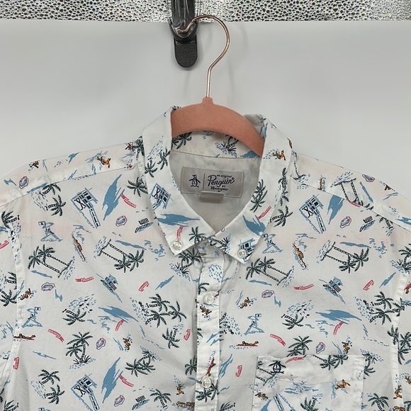 Original Penguin White&Blue Surfer&Beach Design Casual Button Down Shirt Sz Lg - Picture 5 of 11